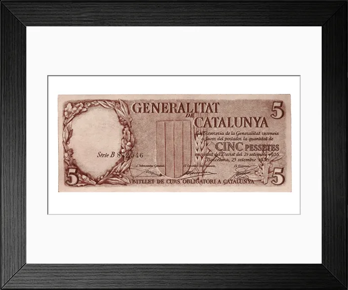 Framed Print : 5 pesetas bill issued by the Generalitat of Catalunya (Barcelona1936). Coin. SPAIN. Barcelona. Numismatic Cabinet of Catalonia. AISA / Everett Collection (178074)**US SALES ONLY**