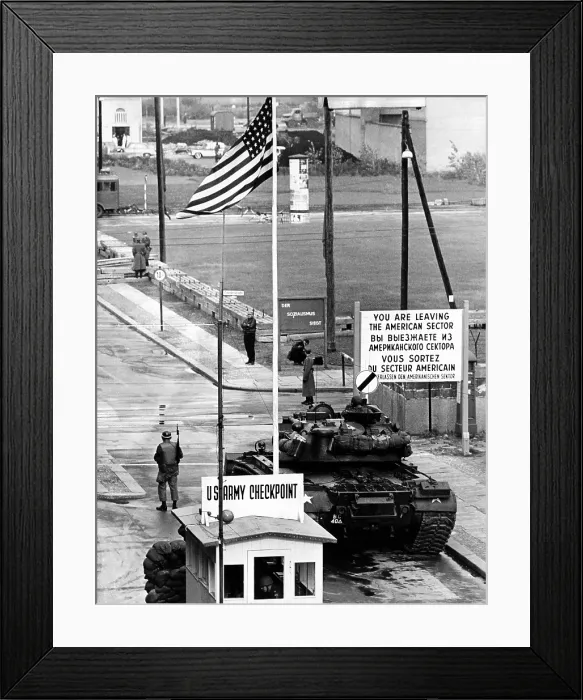 Framed Print : American checkpoint on the Friedrichstrasse crossing point on the East-West Berlin border. Known as Checkpoint Charlie, it became a symbol of the Cold War. Oct