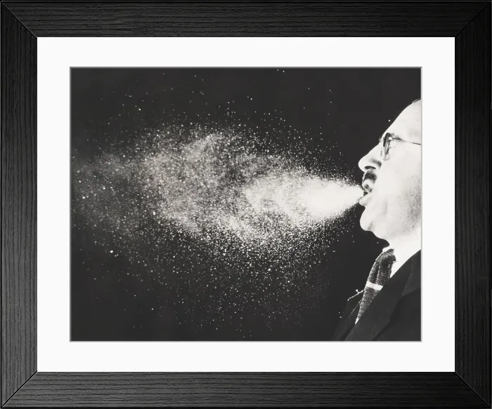 Framed Print : High speed strobe photograph of a cloud of droplets stopped in full flight during a sneeze Framed Print : High speed strobe photograph of a cloud of droplets stopped in full flight during a sneeze