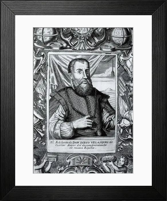 Framed Print : VELAZQUEZ DE CULLAR, Diego (1466-1524). Engraving from the book 'Dcadas' by Antonio Herrera. Engraving. AISA / Everett Collection**US SALES ONLY**