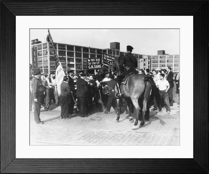 Framed Print : Skirmish between police and strikers at the tool and die strike against General Motors. Detroit, July 1939 Framed Print : Skirmish between police and strikers at the tool and die strike against General Motors. Detroit, July 1939