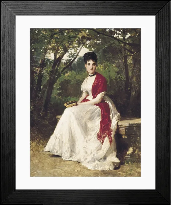 Framed Print : BALACA Y OREJAS-CANSECO, Ricardo (1844-1880). Teresa Vergara, painter's wife, seated in a garden. 1875. Romanticism. Oil on canvas. SPAIN. Madrid. Lzaro Galdiano Foundation