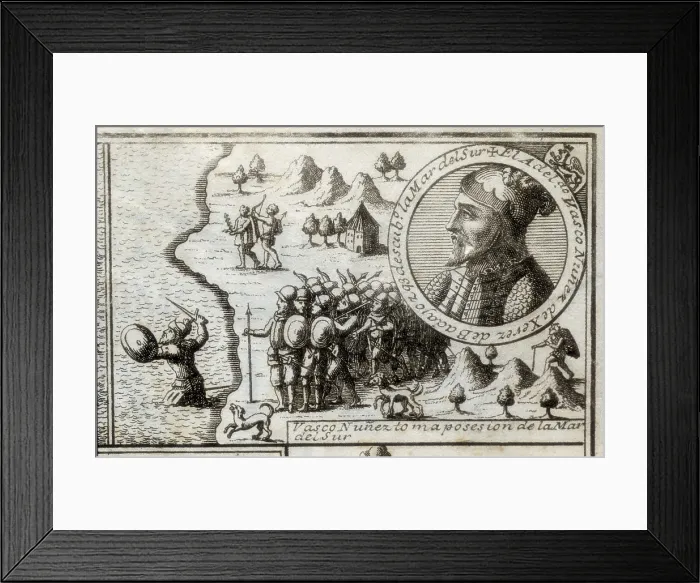 Framed Print : NUEZ DE BALBOA, Vasco (1475-1517). Spain. Spanish colonization (1513). Vasco Nuez taking possession of the Southern Sea. Picture of 1728. Engraving Framed Print : NUEZ DE BALBOA, Vasco (1475-1517). Spain. Spanish colonization (1513). Vasco Nuez taking possession of the Southern Sea. Picture of 1728. Engraving