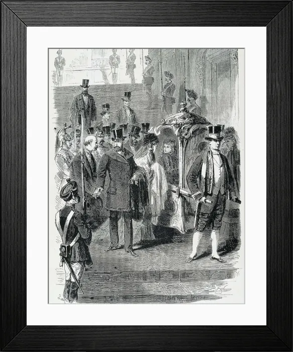 Framed Print : Spain (1873). Abdication of Amadeo I. The king Amadeo and the queen Mara Victoria leaving the Royal Palace. Published in 'L'Illustration. Journal Universel'