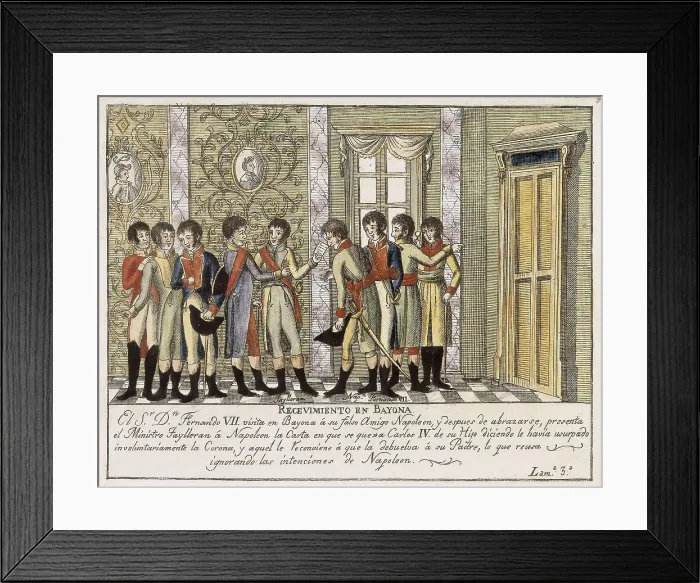 Framed Print : Spain (1808). 'Recevimiento en Bayona' (Reception in Bayonne). Ferdinand VII before Napoleon and Tayllerand giving explanation about the Mutiny of Aranjuez. Engraving Framed Print : Spain (1808). 'Recevimiento en Bayona' (Reception in Bayonne). Ferdinand VII before Napoleon and Tayllerand giving explanation about the Mutiny of Aranjuez. Engraving