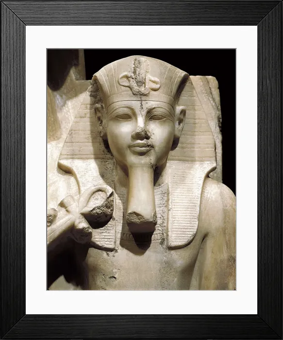 Framed Print : Amenhotep III and God Sobek. s.XIV BC. Right detail with the image of Amenhotep III. 18th Dynasty. Egyptian art. New Kingdom. Sculpture on rock. EGYPT. Luksor. Luxor Museum