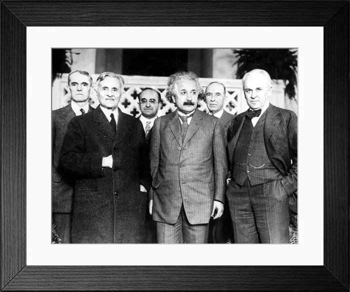 Framed Print : Dr. Albert A. Michelson, Dr. Albert Einstein, and Dr. Robert A. Millikan. Left to right, rear: Walter S. Adams, Dr. Walther Mayer of Vienna, Max Farrand