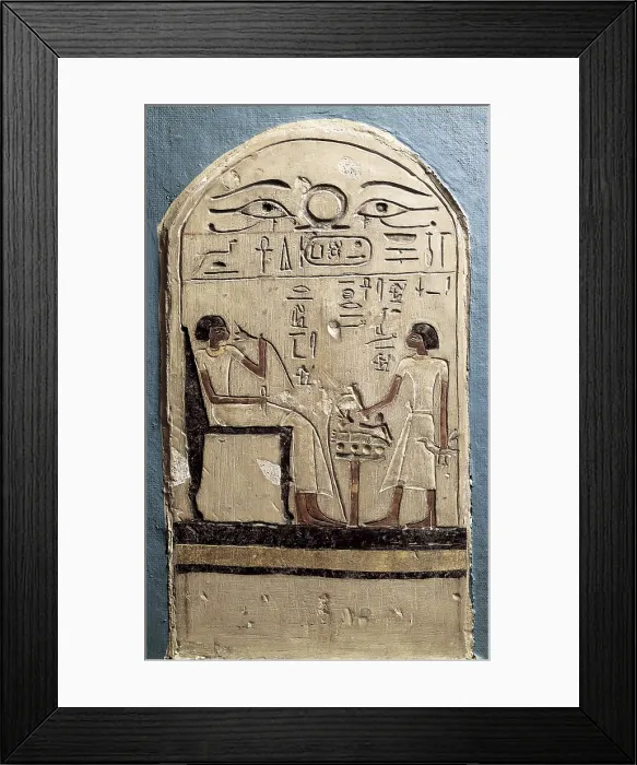 Framed Print : Funerary stele of Rensoreb. 18th Dynasty. Rensoreb seated receives offerings from a relative. Carried out during the kingdom of Thutmose. Egyptian art. New Kingdom. Relief