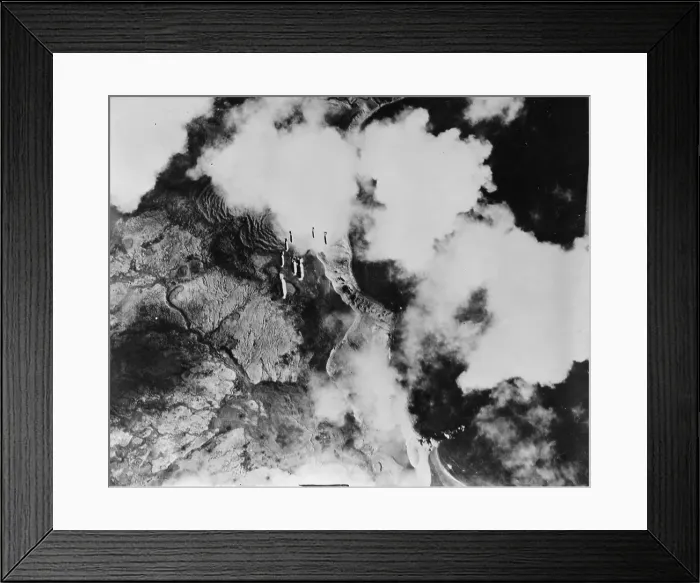 Framed Print : World War II, original caption: Kiska, Aleutian Islands. Bombs dropping in train from a United States Army Air Force plane on a Jap objective Framed Print : World War II, original caption: Kiska, Aleutian Islands. Bombs dropping in train from a United States Army Air Force plane on a Jap objective