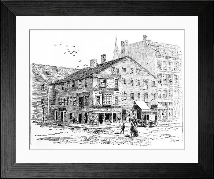 Framed Print : Rhode Island, Exchange Coffee House, constructed in 1750, 1-5 Market Square, Providence, circa 1750 Framed Print : Rhode Island, Exchange Coffee House, constructed in 1750, 1-5 Market Square, Providence, circa 1750