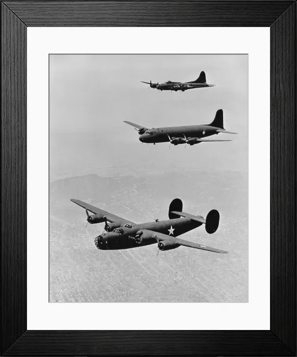 Framed Print : World War II, United States planes in echelon formation, from the top: Boeing Flying Fortress B17, Douglas Transport, Consolidated Liberator B-24, circa 1942