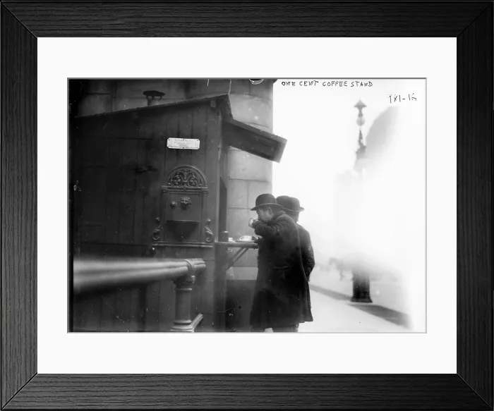 Framed Print : New York City, man drinking coffee at a one cent coffee stand, sign on stand reads: The Greater New York Philanthropic Society, The One Cent Coffee Stands, New York