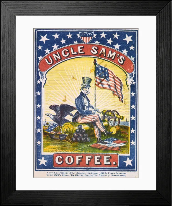 Framed Print : Coffee, Uncle Sam's Coffee, illustrated with Uncle Sam seated on a cannon barrel whittling with his foot on a torn rebel flag, circa 1863