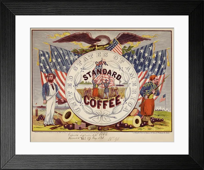 Framed Print : Coffee, United States of America, our standard coffee, illustration with Zouaves, soldier, eagle and flags, circa 1863