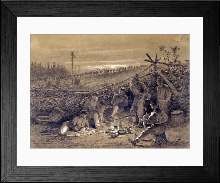 Framed Print : Coffee Coolers, illustration of men preparing coffee, by Edwin Forbes, circa 1876
