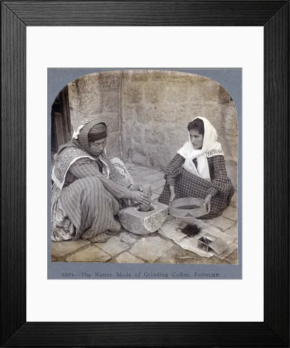 Framed Print : Palestine, two women seated, one with mortar & pestle, other with a sieve, original caption reads: The Native Mode of Grinding Coffee, circa 1905 Framed Print : Palestine, two women seated, one with mortar & pestle, other with a sieve, original caption reads: The Native Mode of Grinding Coffee, circa 1905