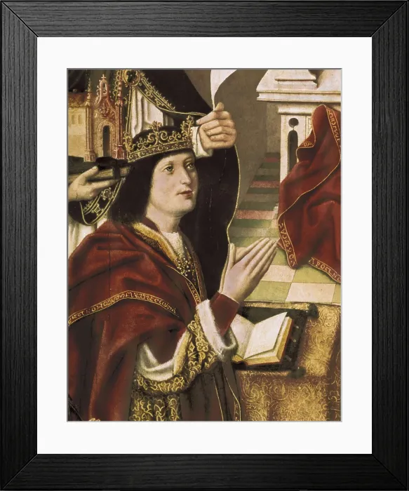 Framed Print : The Virgin of the Catholic Monarchs. 1495-1497. Left Dtail showing the portrait of Ferdinand the Catholic. Gothic art. Tempera on wood. SPAIN. Madrid. Prado Museum. Proc: SPAIN