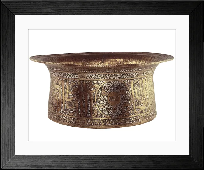 Framed Print : Brass basin inlaid with silver and gold. 1320 - 1341. With the name of the Mameluke sultan al-Nasir Muhammad. From Cairo or Damascus. 22.7 cm. high and 54 cm. diameter