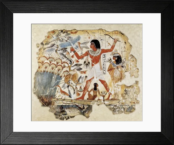 Framed Print : Fowling in the marshes. ca. 1400 BC. 18th Dynasty. Wall painting from the tomb of Nebamun where he appears with his wife Hatshepsut and son. Egyptian art. New Kingdom. Painting Framed Print : Fowling in the marshes. ca. 1400 BC. 18th Dynasty. Wall painting from the tomb of Nebamun where he appears with his wife Hatshepsut and son. Egyptian art. New Kingdom. Painting