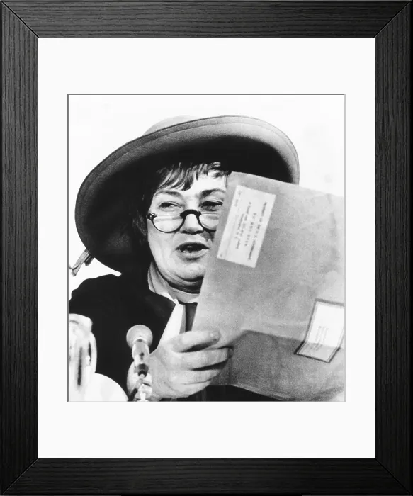 Framed Print : Congresswoman Bella Abzug held her CIA file, built since 1963, when she was a lawyer. March 5, 1975 Framed Print : Congresswoman Bella Abzug held her CIA file, built since 1963, when she was a lawyer. March 5, 1975