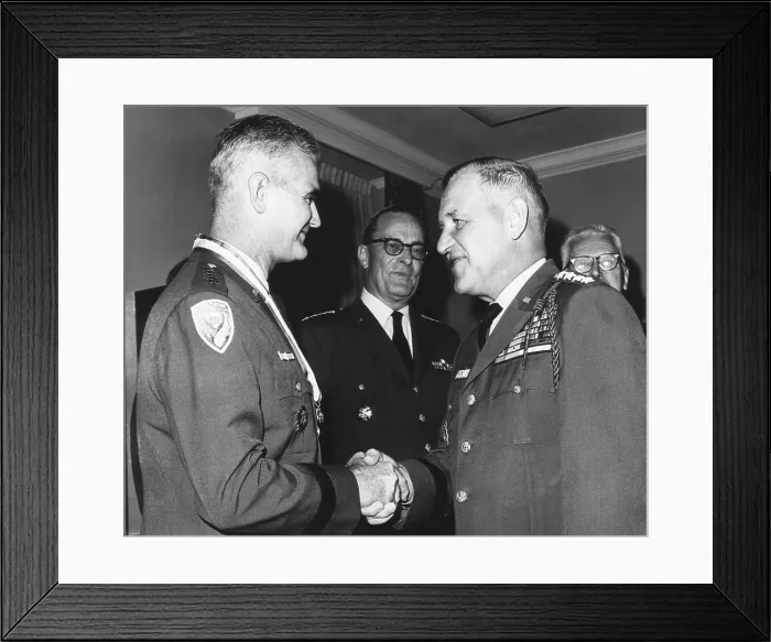 Framed Print : Gen. Creighton Abrams replaced Gen. William Westmoreland as U.S. Commander in Vietnam in June 1968. In 1967 photo, L-R: Gen. Westmoreland; Earle Wheeler, Chrm