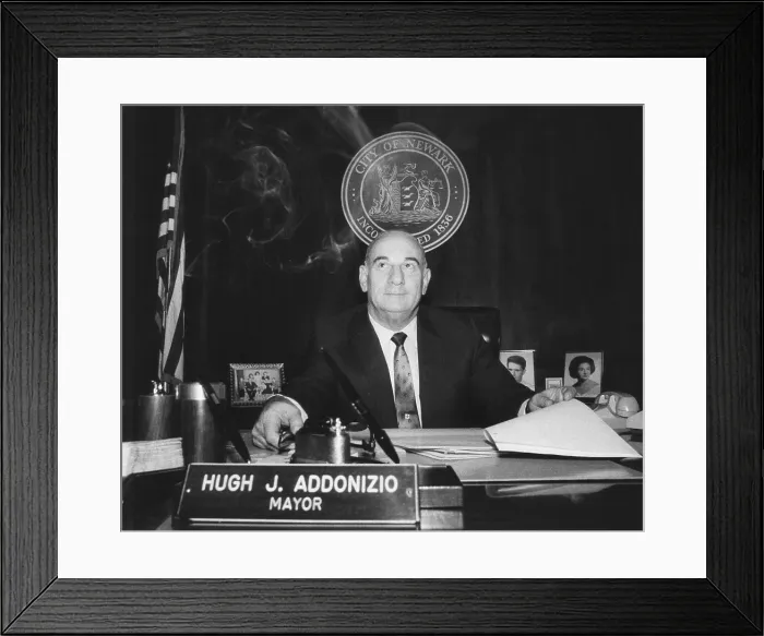 Framed Print : Newark Mayor Hugh Addonizio back at his City Hall desk on Dec. 18, 1969. The previous day he and 14 other Newark officials were indicted for tax evasion and extortion