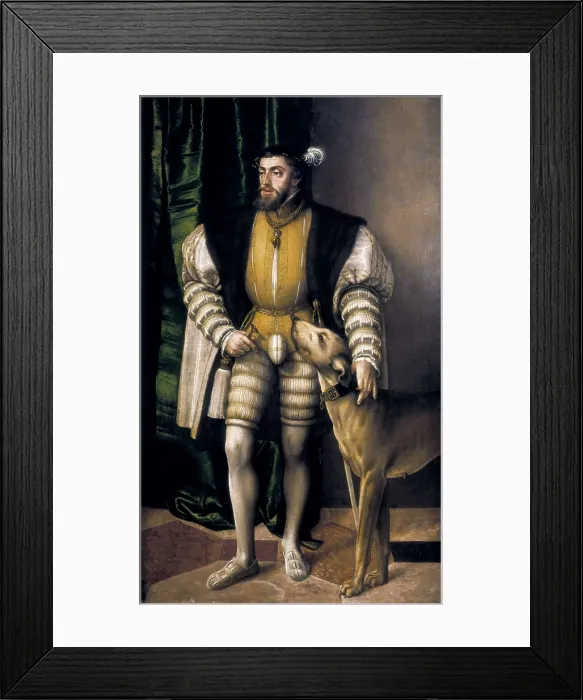 Framed Print : SEISENEGGER, Jakob (1505-1567). The Emperor Charles V with Hound (Kaiser Karl V mit seiner Ulmer Dogge). 1532. Oil on wood. AUSTRIA. Vienna