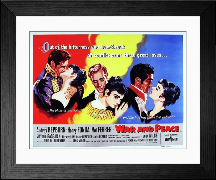 Framed Print : WAR AND PEACE, from left on British poster art: Vittorio Gassman, Audrey Hepburn, Mel Ferrer, Audrey Hepburn, Henry Fonda, Audrey Hepburn
