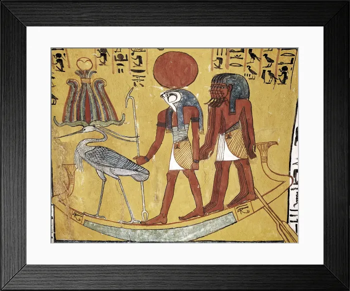 Framed Print : Tomb of Sennedjem. 1306 -1290 BC. EGYPT. Dayr al-Bahri. Valley of the Artisans. Tomb of Sennedjem. God Ra in the boat with the holy ibis. Egyptian art. New Kingdom. Painting