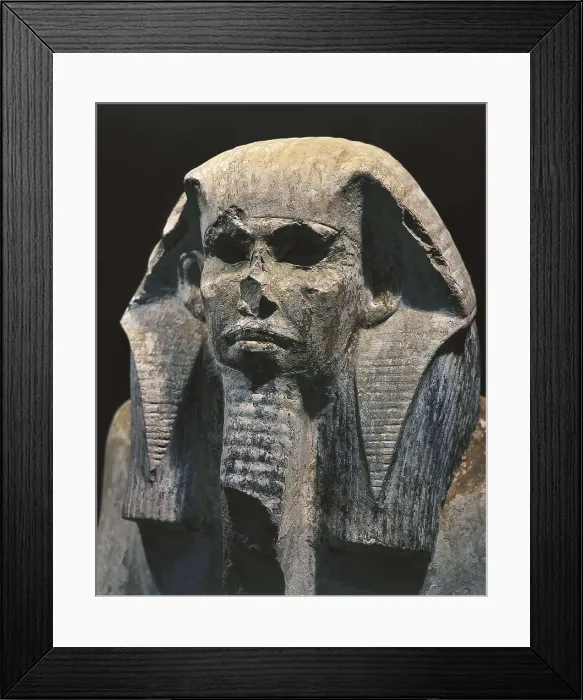 Framed Print : Seated statue of King Djoser. 2611 BC. Upper detail. Egyptian art. Old Kingdom. Sculpture on rock. EGYPT. Cairo. Egyptian Museum. Proc: EGYPT. Saqqara