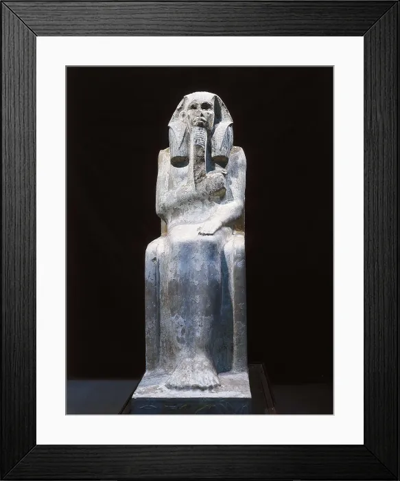 Framed Print : Seated statue of King Djoser. 2611 BC. Detail. Egyptian art. Old Kingdom. Sculpture on rock. EGYPT. Cairo. Egyptian Museum. Proc: EGYPT. Saqqara