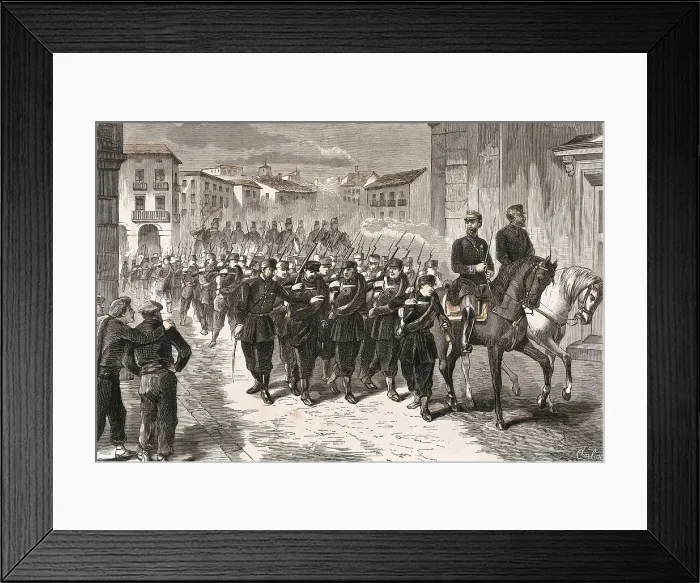 Framed Print : Spain. Third Carlist War. Entrance of the governmental troops into Estella, taken on 28th February 1876. Engraving. SPAIN. Donostia. San Telmo Municipal Museum