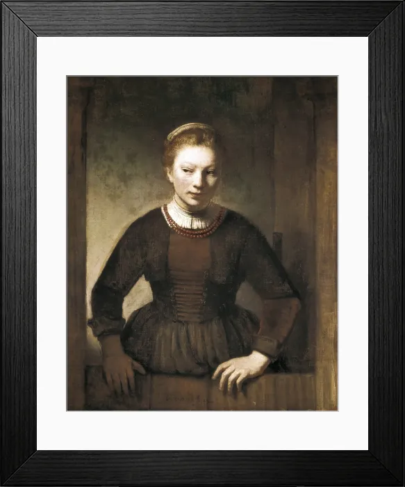 Framed Print : REMBRANDT, Harmenszoon van Rijn, called (1606-1669). Younf Woman at an Open Half-Door. 1645. Baroque art. Oil on wood. UNITED STATES OF AMERICA. Chicago. Art Institute of Chicago