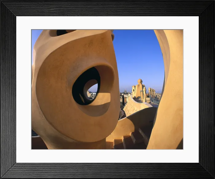 Framed Print : GAUDI i CORNET, Antoni (1852-1926). Mil House or La Pedrera. 1906-1910. SPAIN. Barcelona. Mil House or 'The Quarry'. Chimney and stairs exit to the terrace roof Framed Print : GAUDI i CORNET, Antoni (1852-1926). Mil House or La Pedrera. 1906-1910. SPAIN. Barcelona. Mil House or 'The Quarry'. Chimney and stairs exit to the terrace roof