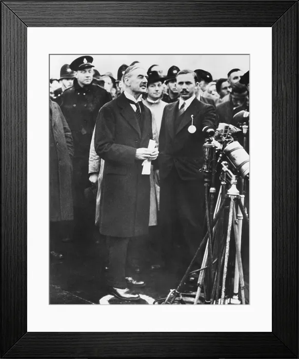 Framed Print : Neville Chamberlain, Prime Minister of Great Britain reporting there will be Peace in our time