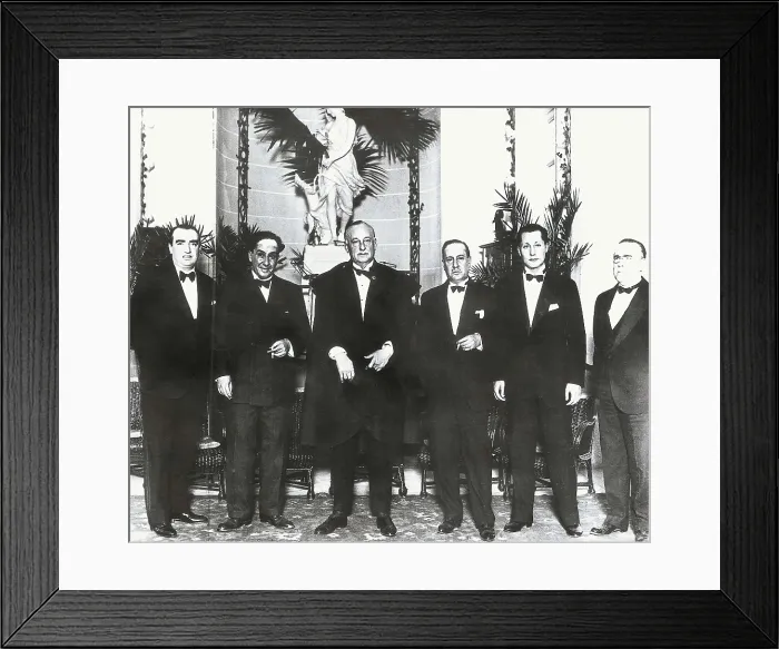 Framed Print : General Miguel Primo de Rivera (third, left), his son hijo Jos Antonio (second, right) together with the writers Antonio Machado (second, izquierda) and his brother Manuel (third)