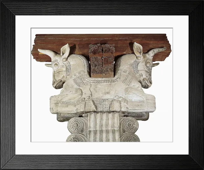 Framed Print : Capital depicting bulls. 6th c. BC. Detail of the capital. Work from Artaxerxes II's time (404-358 BC). Persian art. Achaemenid period. Sculpture on rock. FRANCE. Paris Framed Print : Capital depicting bulls. 6th c. BC. Detail of the capital. Work from Artaxerxes II's time (404-358 BC). Persian art. Achaemenid period. Sculpture on rock. FRANCE. Paris