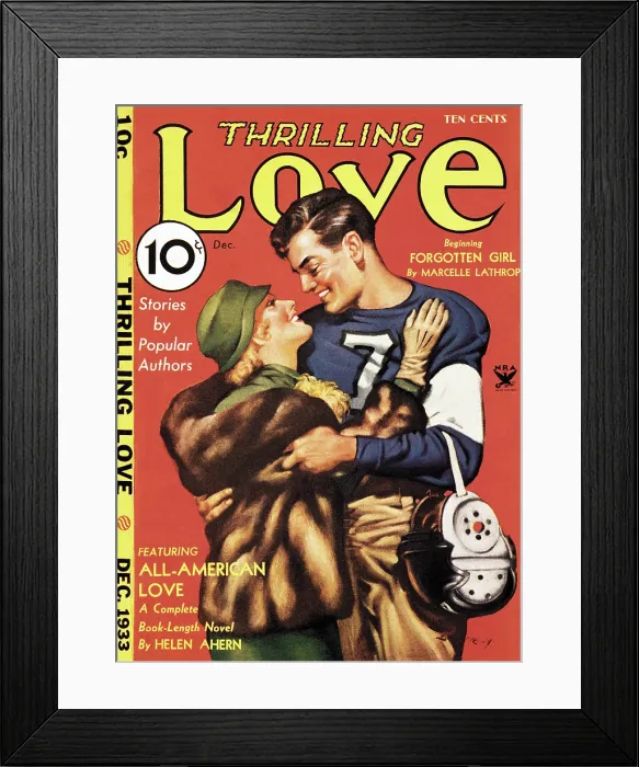 Framed Print : Football. A college football player and woman in fur coat embracing and smiling at each other, Illus. in Thrilling love, Dec 1933