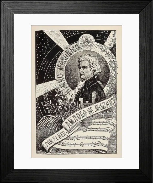 Framed Print : MOZART, Wolfgang Amadeus (1756-1791). Portrait of Mozart included in the 'Encyclopedic Dictionary of the Masonry'. Engraving. SPAIN. Madrid. Loyola Center