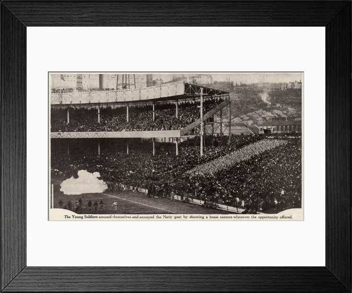 Framed Print : Football, The Young Soldiers fire a brass cannon for effect at the Army vs. Navy game at the Polo Grounds, New York City, Dec. 1916 Framed Print : Football, The Young Soldiers fire a brass cannon for effect at the Army vs. Navy game at the Polo Grounds, New York City, Dec. 1916