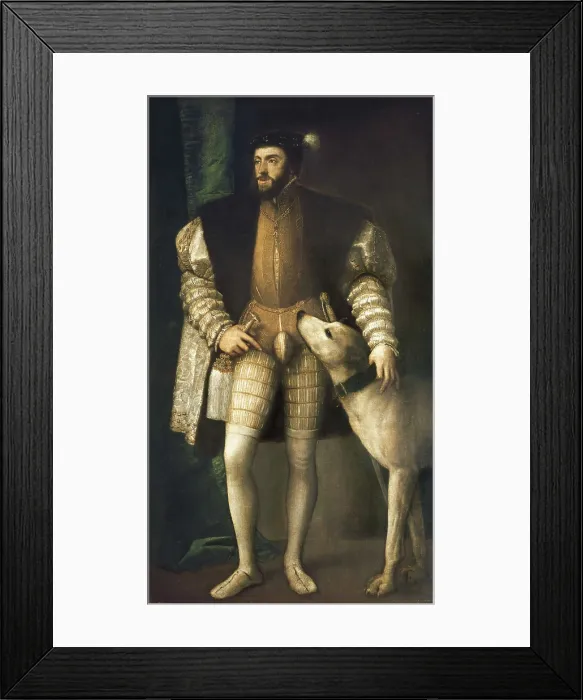 Framed Print : TTITIA, Tiziano Vecello, also called (1490-1576). The Emperor Charles V with his dog. 1532 - 1533. Portrait with his dog Framed Print : TTITIA, Tiziano Vecello, also called (1490-1576). The Emperor Charles V with his dog. 1532 - 1533. Portrait with his dog
