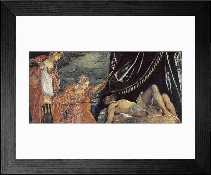 Framed Print : TINTORETTO, Jacopo Robusti, called Il (1518-1594). Judith and Holophernes. 1555. The heroine, the maid and Holofernes on his bed under the tent. Renaissance art. Cinquecento