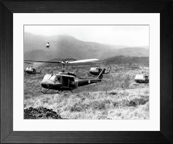 Framed Print : Vietnam War, American helicopters leaving staging area of Khe Sanh to carry South Vietnamese paratroopers to advance positions in Laos, 02 / 12 / 71