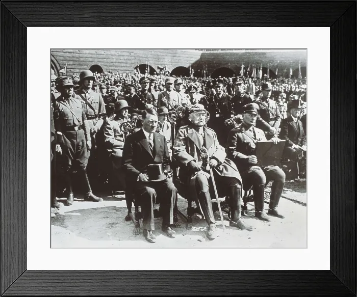 Framed Print : Adolf Hitler (Chancellor, seated on the left), Paul von Hindenburg (President, center) and Hermann Gering (Prussian Minister of the Interior) listening to the speech of M