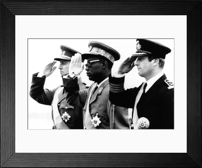 Framed Print : Congolese President Joseph Mobutu flanked by Belgian's King Baudouin (left) and Prince Albert. Nov. 3, 1969