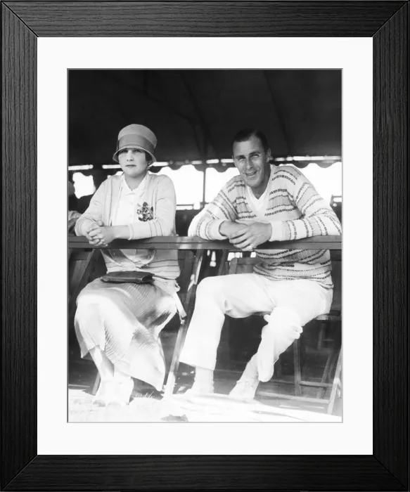 Framed Print : Helen Wills and Bill Tilden seated in the grandstand at Forest Hills, Long Island, NYC. Aug. 10, 1926. They are watching the Davis Cup Trials. Tilden was playing the U.S