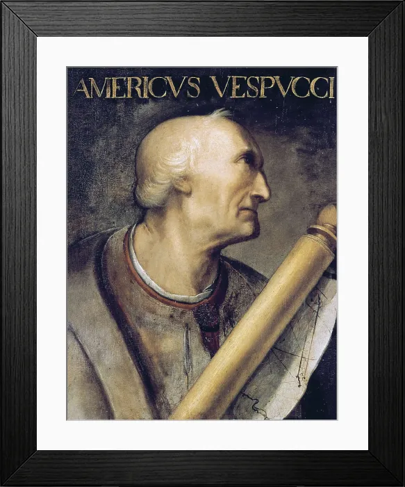 Framed Print : VESPUCCI, Amerigo (1454-1512). Portrait with the inscription: 'Americus Vespucci'. Oil on canvas. ITALY. Florence. Galleria degli Uffizi (Uffizi Gallery)
