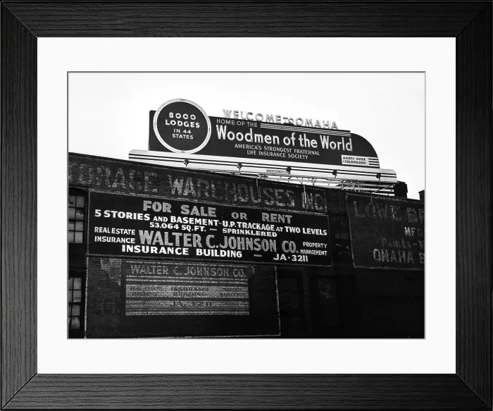 Framed Print : Nebraska, Welcome to Omaha sign across from the Union Station, photograph by John Vachon, Omaha, November, 1938