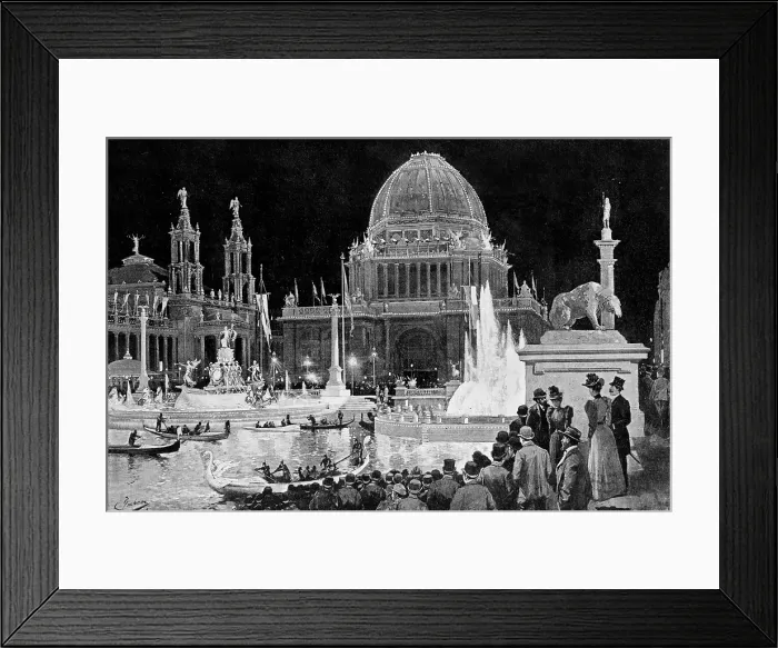 Framed Print : Columbian Exposition--the grand court at night--electrical illumination of MacMonnies's fountain and the administration building. Halftone illustration by Charles Graham, 1893 Framed Print : Columbian Exposition--the grand court at night--electrical illumination of MacMonnies's fountain and the administration building. Halftone illustration by Charles Graham, 1893