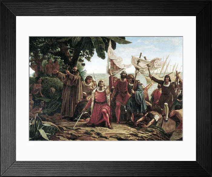 Framed Print : PUEBLA, Discoro Tefilo de la (1832-1901). The First Landing of Columbus on the Shores of the New World at San Salvador. 2nd half 19th c. Litography. UNITED STATES OF AMERICA